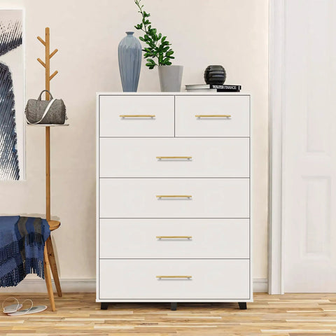 Top Tier Solid Brass Cabinet Pulls Brushed Matte Gold Furniture Hardware on modern white dresser with six drawers.