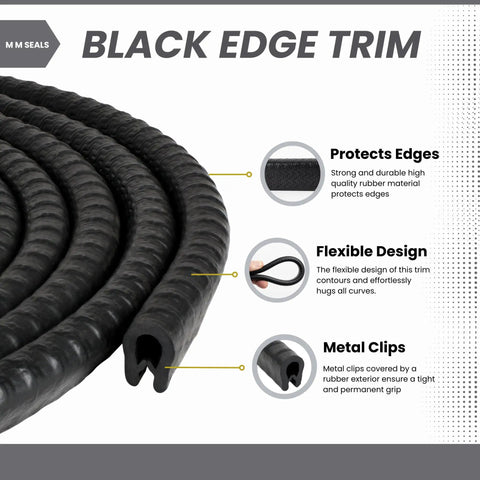 Coiled Edge Trim Black Small Fits One Sixteenth Inch Tough Edge Guard with protective strip design visible