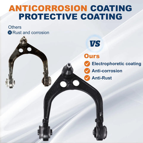Comparison of control arms showing anticorrosion features of Beefed Up Front Suspension Repair Kit With Upper Lower Control Arms Ball Joints Sway Bars And Tie Rod Ends 16 Piece Set Smooth Setup For Chrysler 300 Dodge Challenger Charger Rwd.