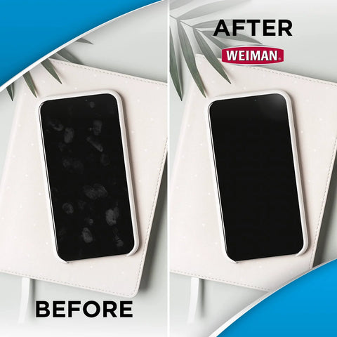 Weiman electronic screen cleaner wipes: smartphone screen before and after cleaning; front view.