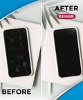 Before and after using Disinfecting Electronic Wipes For Screens And Devices Keep Your Gadgets Clean On Laptops Computers Tablets And TVs With A Safe Quick Dry Formula And Wipe Then Air Dry Convenience For Non Porous Surfaces showing a clean phone screen.
