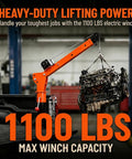 Foldable Electric Pickup Truck Crane With 3500 Pound Load Rating And Rock Solid Alloy Steel Build lifting an 1100 lbs engine in a garage.
