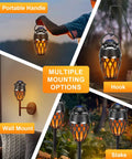 Twin Pack Outdoor Bluetooth Flame Speaker With LED Torch Dope Ambience Light shown with multiple mounting options: handle, hook, wall mount, stake.