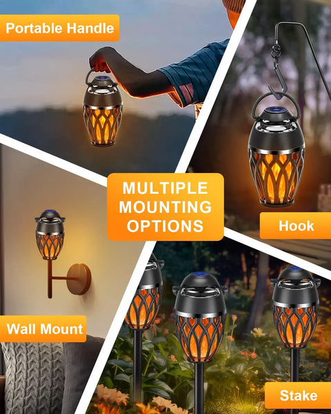 Twin Pack Outdoor Bluetooth Flame Speaker With LED Torch Dope Ambience Light shown with multiple mounting options: handle, hook, wall mount, stake.