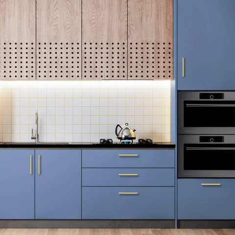 Premium Gold Cabinet Pulls 25 Pack, 8 Inch Center To Center Bar Handles For Kitchen Cabinets And Drawers on blue kitchen cabinetry.