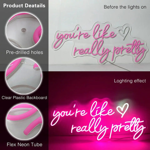 "Like Really Pretty Neon Sign For Wall Decor Pink Light Up Sign Dimmable For Wedding Engagement Party Birthday Bedroom Bar Club 29.5 By 12.6 Inches Great For Home Decor Parties Events" with clear backboard, pre-drilled holes, and pink flex neon tube.