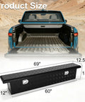 69 Inch Heavy Duty Crossover Aluminum Truck Toolbox With Rust Proof Secure Slam Latch Pickup Bed Storage Chest For Contractors Built To Thrash Real Deal Cargo Organizer dimensions displayed over truck bed.