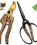 Two Piece Garden Pruning Shears Set With Pro Grade SK5 Blade Pruner And Precision Garden Scissors, Walnut Like Ergonomic Handles
