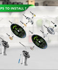 Installation steps for Beefed Up Brush Cutter Blades Set for Trimmers shown with adapter kits and tools in a garage setting.