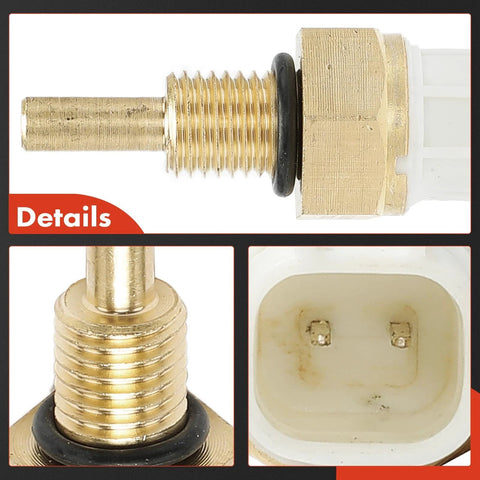 A-Premium left engine coolant temperature sensor; brass threaded body with black seal and white connector (front/side)