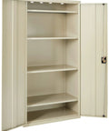 Heavy Hitter Lockable Metal Floor Standing Storage Cabinet With Adjustable Shelves And Secure Recessed Lock Solid As A Rock For Commercial Warehouse Organizing In Putty Finish with open doors and adjustable shelves.