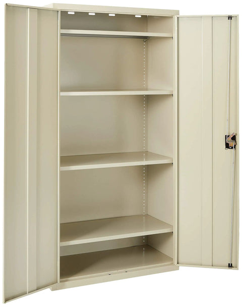 Heavy Hitter Lockable Metal Floor Standing Storage Cabinet With Adjustable Shelves And Secure Recessed Lock Solid As A Rock For Commercial Warehouse Organizing In Putty Finish with open doors and adjustable shelves.