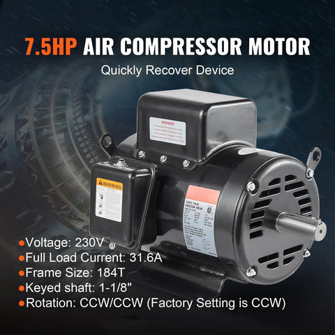 Heavy Duty 7.5 Hp Air Compressor Electric Motor 230V Single Phase 3450 RPM Rock Solid 184T Frame With Reversible Keyed Shaft, showing motor details.