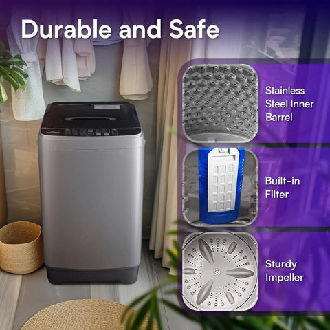 Full Automatic Portable Washer And Spinner Combo Featuring Ten Custom Wash Cycles And Eight Water Levels No Fuss Plug In Design For Tight Apartments And RV Quarters Heavy Duty Load Handling Sweet Space Saver Grey with stainless steel inner barrel and built-in filter.