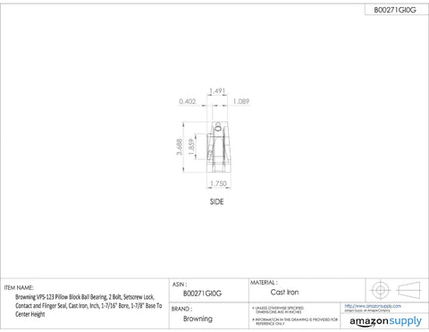 VPS-123 Cast Iron Pillow Block Ball Bearing two bolt design with setscrew lock, flinger seal dimensions illustration.