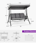 Three Seat Patio Swing With Adjustable Tilt Canopy, Easy Setup Metal Frame On Stand, All Weather Outdoor Swing Chair dimensions