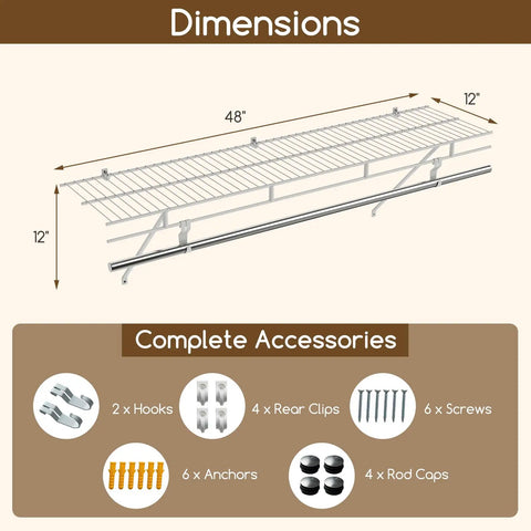 Built Tough Wall Mounted Closet Shelves Featuring Ventilated Heavy Duty Metal Wire Organizers with 48x12 dimensions and accessory details.