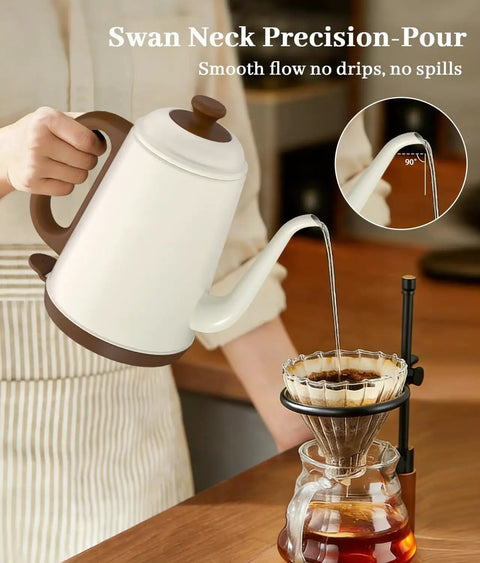 Gooseneck Electric Kettle For Pour Over Coffee And Tea, 1L Capacity, 1000W Fast Boil with Precise Flow Spout in Retro White Design