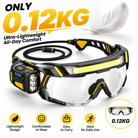Kickass Rechargeable LED Safety Glasses With Hands Free Work Goggles Delivering Four Flexible Light Modes Bright Main Bar And Side Beacons Usb C Quick Charge Durable Adjustable Strap, ultra-lightweight design at 0.12kg.