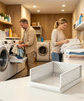 Stackable Closet Organizers Supercharge Your Home Storage Routine With Durable Wardrobe Bins in a laundry room setting.
