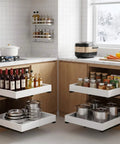 Two Pack Slide Out Cabinet Organizers With Adjustable Width And Depth For Kitchen Storage Smooth Glide Heavy Duty Drawer Pulls Zero Drama in a modern kitchen.