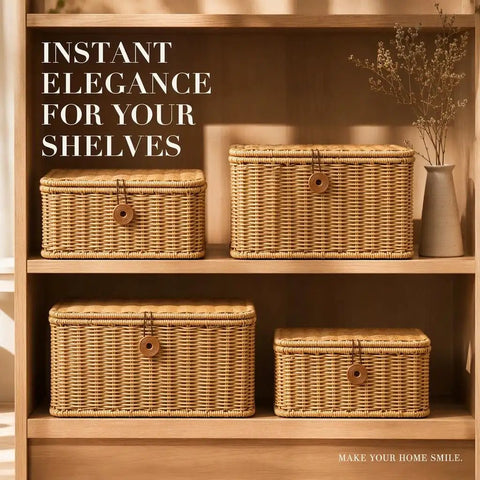 Heavy Duty Plastic Wicker Storage Basket With Lids Waterproof Woven Organizer Bins For Home Closet on stylish shelves.