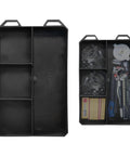 Quad FlexiTray Flexible Tool Tray System For Milwaukee PACKOUT Compatible Organizer For Tools Nuts Bolts And Parts For Workshop Garage And Van Storage With Non Slip TPE Grip Made In The UK showing empty and filled trays.