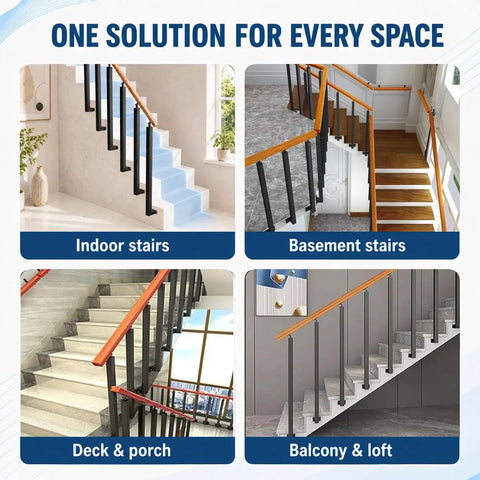 Heavy Duty Side Mount Stair Railing Posts 35.4 Inch Carbon Steel Indoor Handrail Support shown in various indoor stair setups.