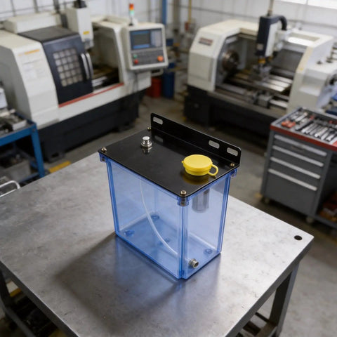 Heavy Duty 3L CNC Lubrication Water Box With Integrated Filter for Lathe Milling Drill Machines on metal workbench.