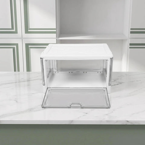 Clear Stackable Storage Bins With Transparent Slide Front Doors, clear plastic bin with white lid on marble countertop.
