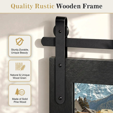 Top Tier Farmhouse Bathroom Mirror With Classic Barn Door Silhouette And Heavy Duty Black Metal Frame showcasing solid pine wood frame details.