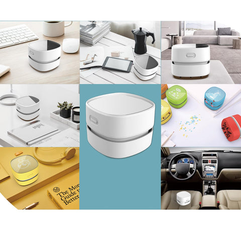 Collage of Cordless Desk Vac For Quick Cleanup, Tiny Table Dust Sweeper With 360 Degree Rotating Nozzle, shown in various settings