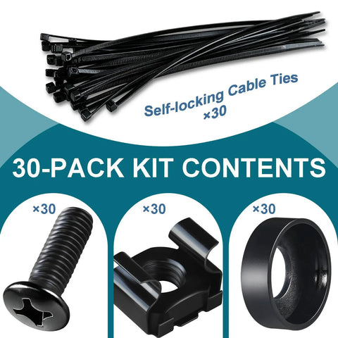 M6 Cage Nuts and Rack Mount Screw Kit 30 Pack Shop Grade Carbon Steel Server Hardware heavy duty components including cable ties.