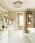 Dope Modern Square Raindrop Crystal Chandelier Flush Mount Ceiling Light Fixture in elegant bathroom with sparkling crystals.