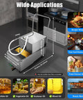 Commercial Deep Fryer Oil Filter Machine With High Flow Pump For Effortless Restaurant Use shown with foldable handle and detailed measurements.