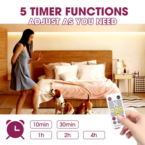 Woman with pets in bedroom lit by Warm White 3000K LED Strip Light 16.4ft 24V DC COB Dimmable Tape Lights With RF Controller