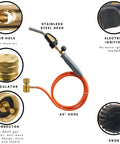 Double Valve Self Ignition Torch For MAPP And Propane Soldering With 60 Inch Hose and Stainless Steel Head Features