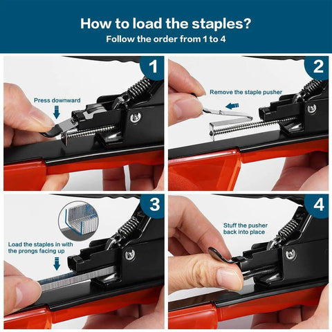 Instructions for loading staples in Tapetool Garden Plant Tying Gun With Twelve Tape Rolls Staples And Replacement Blade.
