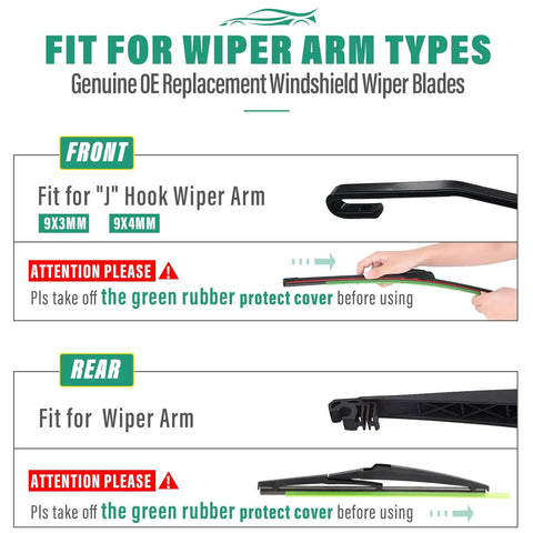 Fit guide for Road Ready Heavy Duty Windshield Wiper Blades Replacement Kit for front and rear wiper arm types.