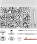 Top Shelf Stainless Steel Snap Fastener Kit Includes Two Hundred Pieces For Leather Heavy Canvas And Garment Repair Built Solid As A Rock With Zero Rust Headaches Everyday in a neatly organized box displaying various silver snaps and tools.