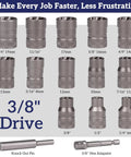20 Piece Bolt Extractor Kit for Impact Sockets Nut and Bolt Remover Set Clears Stripped Damaged Frozen Rusted or Rounded Off Bolts Nuts and Screws Easy Access in Tight Spaces Heavy Duty No Fuss Removal showing 3/8 inch drive sizes and adapter