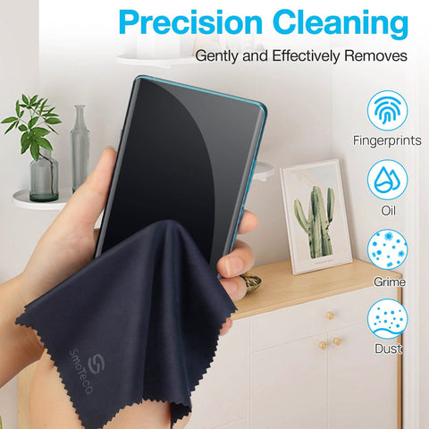Front view of SmoTecQ glasses cleaning kit: navy microfiber cloth wiping smartphone screen.