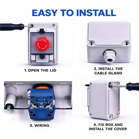 Heavy Duty Emergency Stop Switch With Weatherproof Box, 660V 10A Red E Stop Button, IP67 Rated installation process steps.