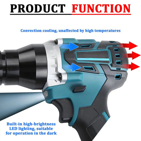 Close-up of Portable Electric Automatic Rivet Nut Gun Kit With LED Lighting, showing cooling function and LED features.