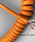 Close-up of Heavy Duty Coiled Extension Cord Designed Badass Tough with 17 Awg copper wires for resilient jobs.