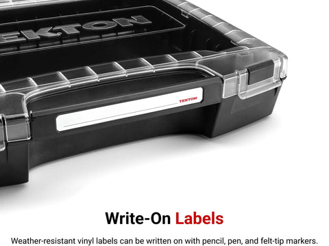 Six-Drawer Rolling Stack With Tool Box And L-BOXX 2 Trays, write-on label feature on durable storage box
