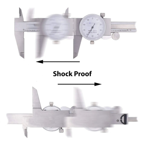 Dial Caliper 0-8 Inch Stainless Steel With Double Shock Proof Design for precise measurements, showing top and bottom views.