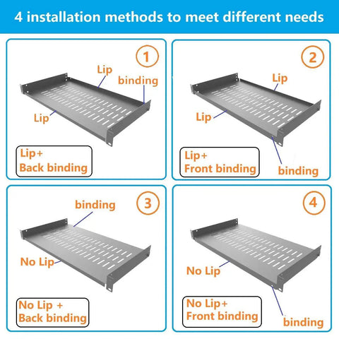 Four Pack Heavy Duty 1U Vented Cantilever Server Rack Shelf With Rock Solid 10 Inch Depth Built Like A Tank For Standard 19 Inch Data Cabinets Holding Switches Routers And PC Towers installation methods diagram showing four configurations