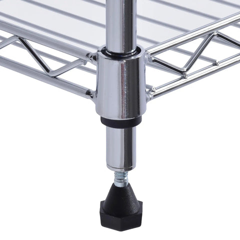 Close-up of adjustable leg on Badass Heavy Duty Steel Adjustable Wire Shelving Rack with Three Slick Chrome Shelves.