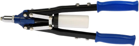 Heavy Duty Hand Rivet Gun With Extra Long Handle For Window Regulator Swap Includes Wrench And Rivets Plus Attached Caddy top view with blue handles.